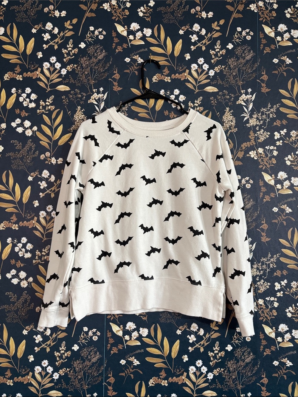Grayson Threads Cream Sweater with Black Bat Print Halloween Size M